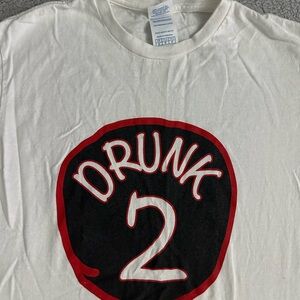 White Graphic Tee with Red & Black 'Drunk 2' Logo